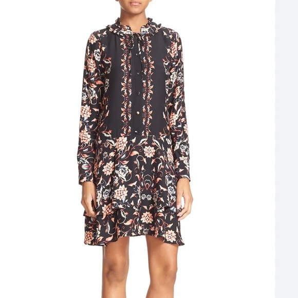 Parker Black Silk Floral Long Sleeve Dress - Picture 2 of 7